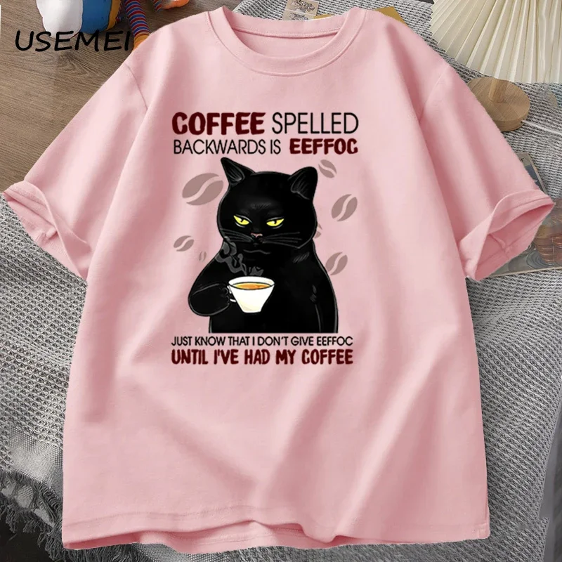 Coffee Spelled Backwards Cat T-shirt Funny Cute Graphic Tees Summer Unisex Cotton ONcek T Shirt Oversized Mens Clothes oversized