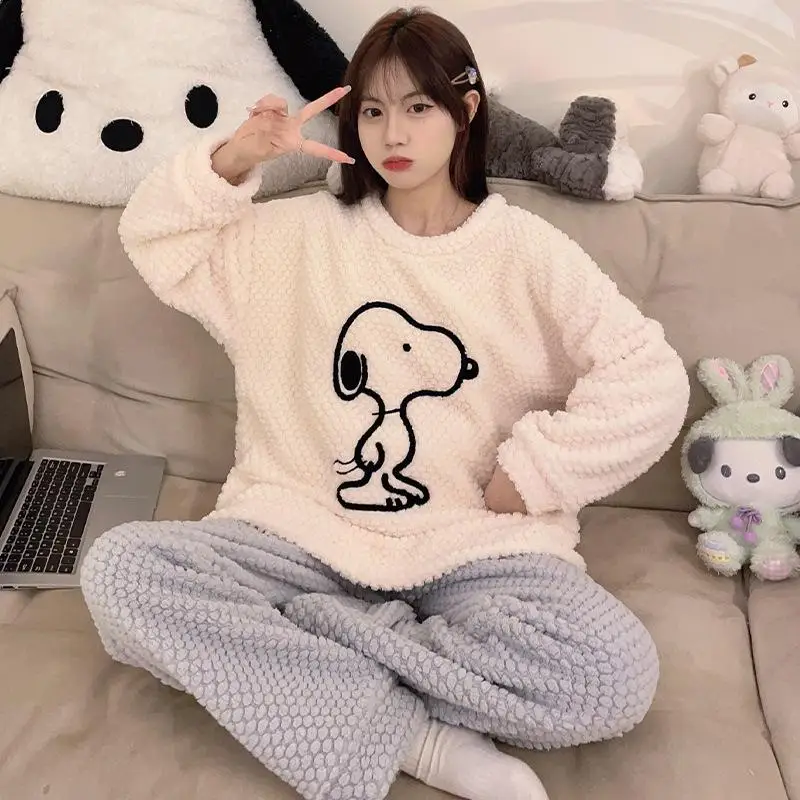 Sanrio Pochacco Kawaii Stellalou Kuromi Snoopy Pajamas Long Sleeved Pants Coral Velvet Loose Comfortable Birthday Girls Gift