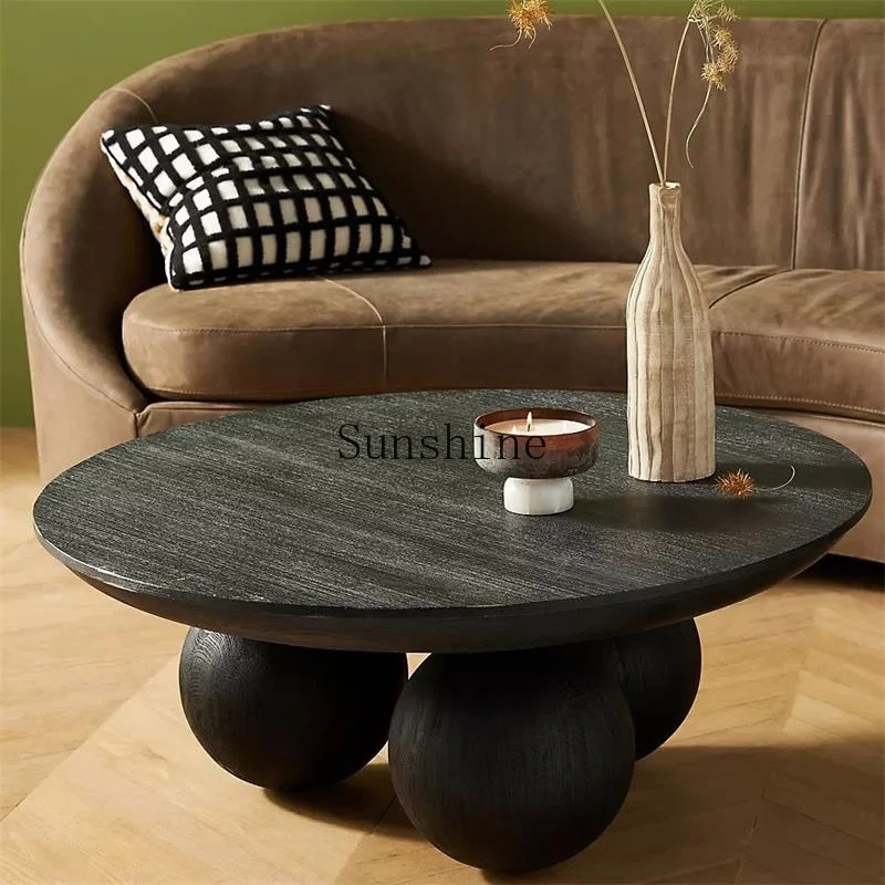

American retro black oak round coffee table tea table minimalist round coffee table