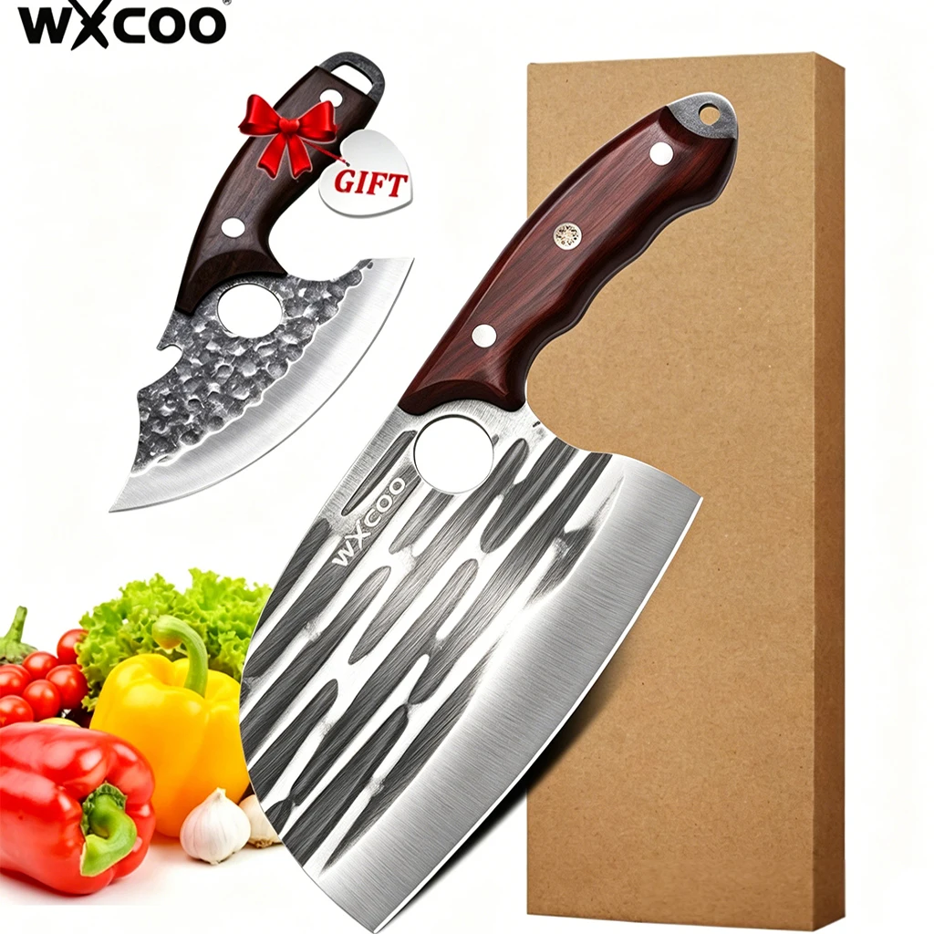 WXCOO Stainless Steel Kitchen Knife Wooden Handle Unique Meat Cleaver Forged Chinese Slicing Knife with Kitchen Peeler Gift