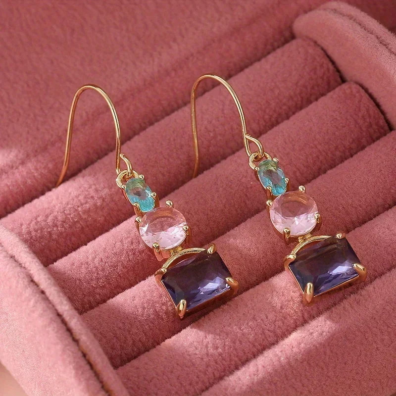 Elegant Exquisite Square Colored Synthetic Zircon Dangle Earrings for Women Fashion Sparking Banquet Jewelry Accessories Crafts