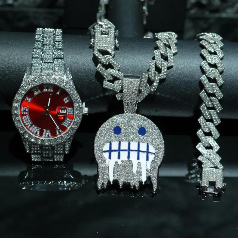 15MM Cuban Link Chain Necklace Set for Men - Trendy Alloy Pendant & Colorful Beaded Bracelet with Watch-Hip Hop Jewelry Gift Box