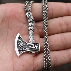 Retro Crow Fashion Prairie Double Face Wolf Viking Tomahawk Pendant Necklace Men 6 Main Sales Corvo - №5