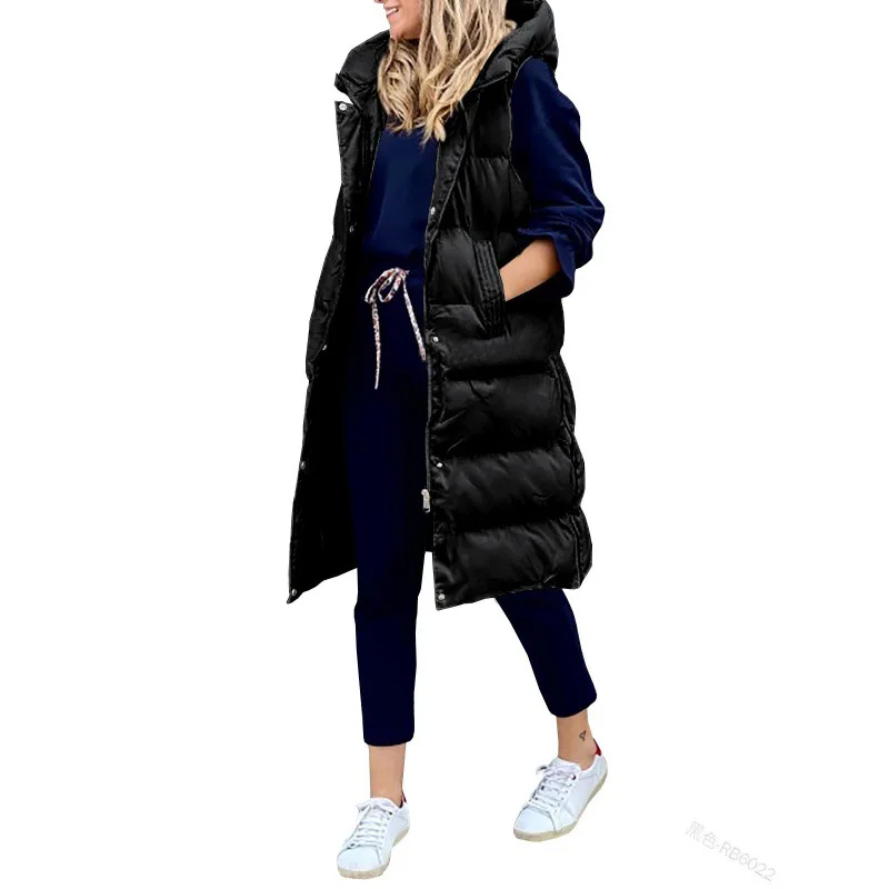 Women's Amazon Cross-Border Casual Fashion Vest - Solid Color Hooded Long Single-Breasted Sleeveless Cotton Puffer