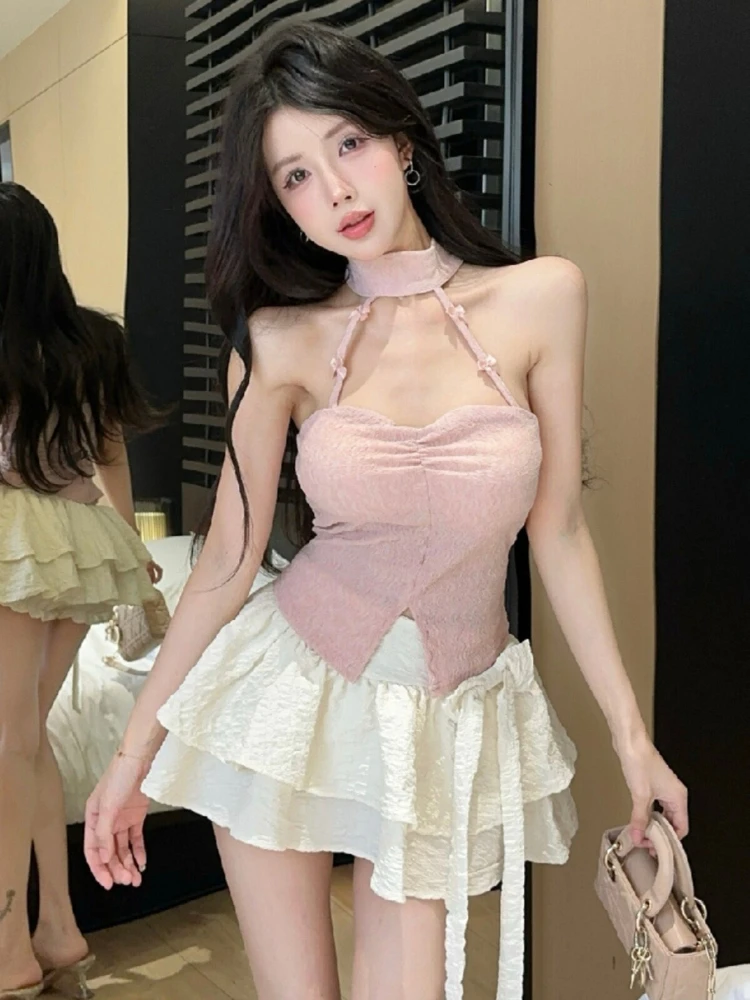 

Summer sexy two-piece set women's design sense backless slim fit hanging neck sleeveless strapless+lace-up cake short skirt
