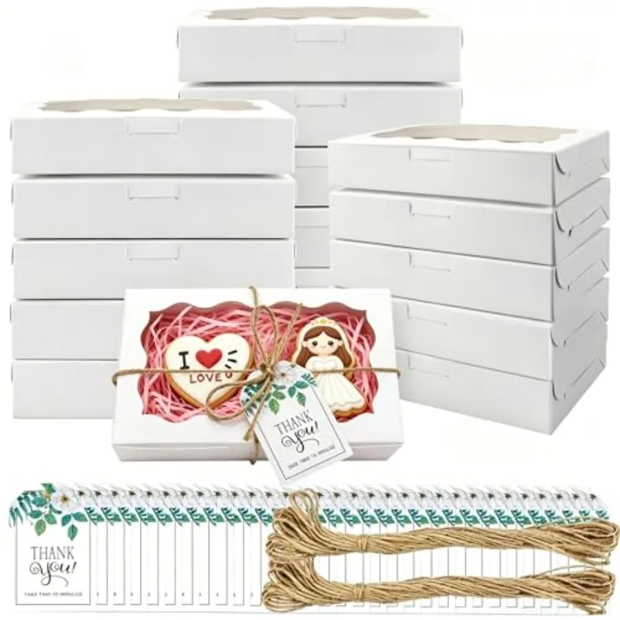 40 Pack Cookie Boxes with Clear Window, 7 x 4 3/8 x 1½ Inch Small Candy Boxes Premium Pastry Boxes with Tags Ropes for Cookie P