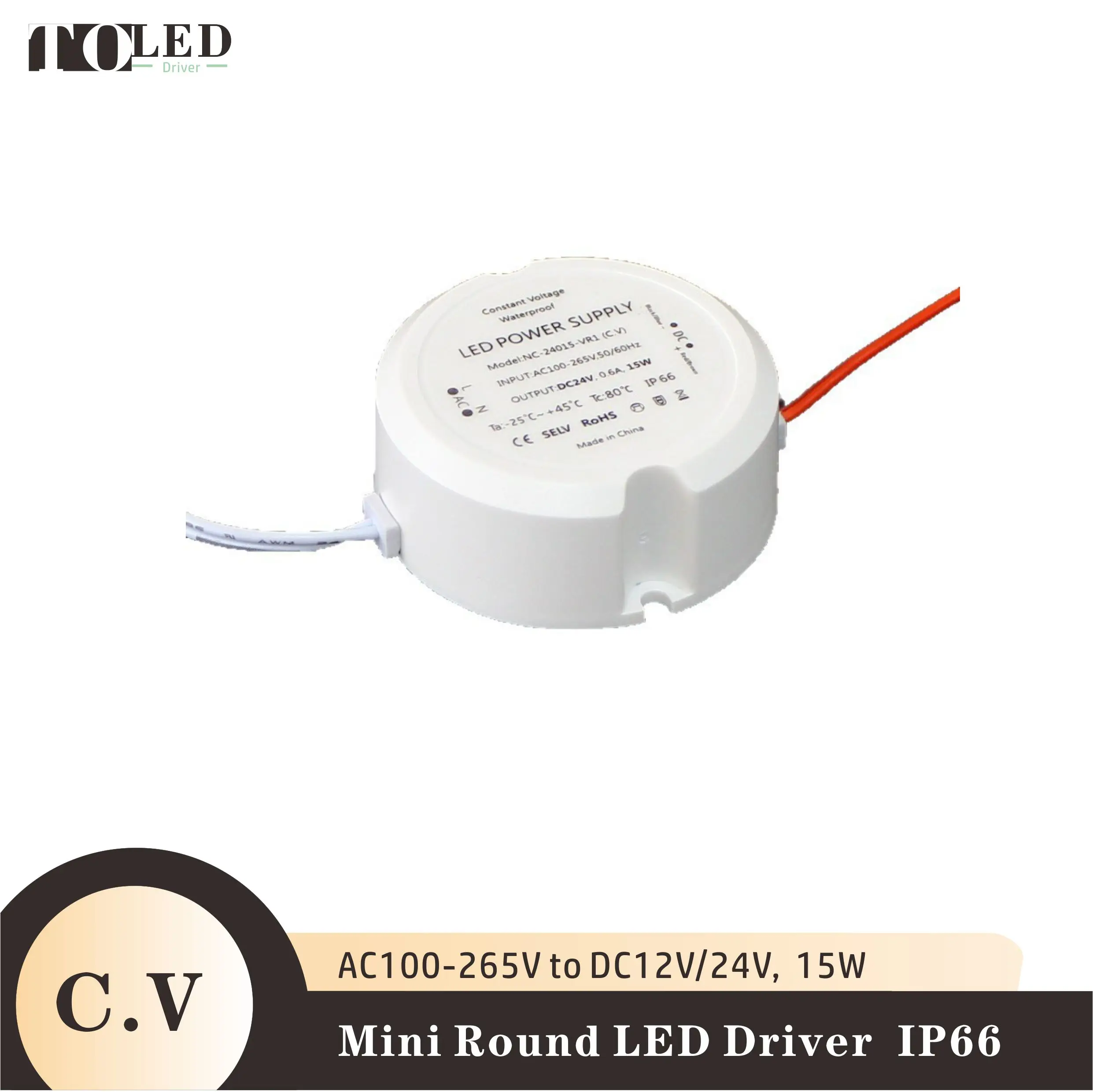 Mini round waterproof LED driver C.V DC12V/24V 15W  switching power supply lighting transformer  universal AC100-265V