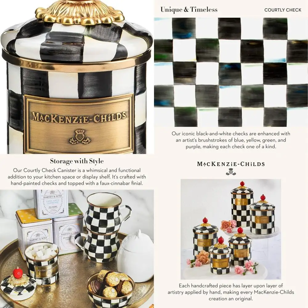 

Элегантная черно-белая мини-эмалированная кухонная канистра в придворную клетку с крышкой