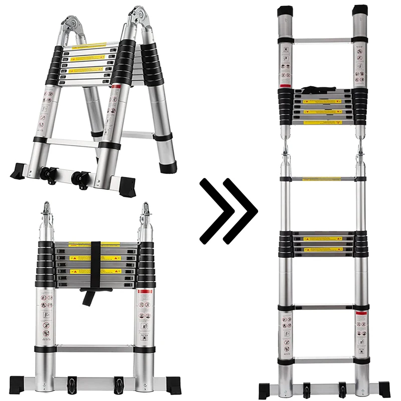 12.5/16.5FT Telescoping Ladder Aluminum One-Button Retraction Collapsible Extension Telescopic Stairs Step Ladder for Home