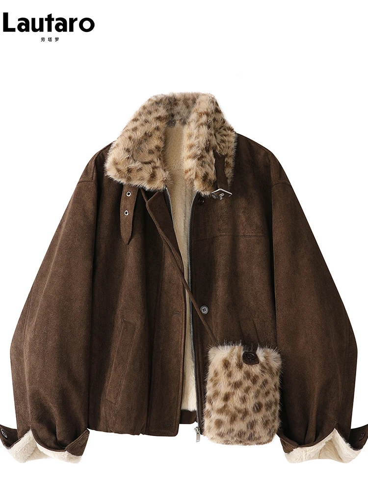 

Lautaro Autumn Winter Thick Warm Leopard Print Faux Fur Patchwork Faux Suede Leather Jackets for Women with Faux Fur Inside