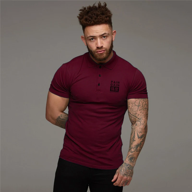 Summer Cotton Breathable Polo Shirts Men\'s Slim Fit Button Lapels Short Sleeve Sports Shirt Gym Fitness Bodybuilding Tees Tops