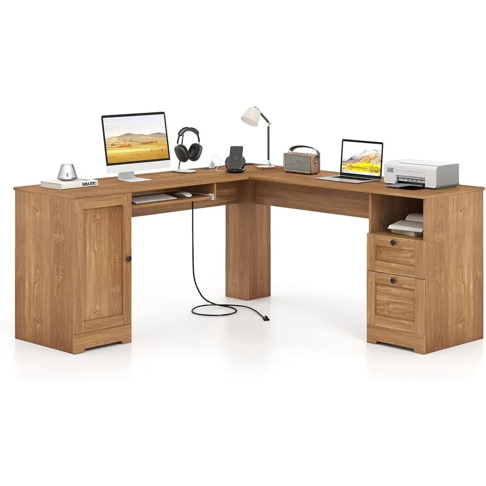 

Large Natural L-Shaped Desk with Storage, Charging Station, and Spacious Workspace for Home Office or Study