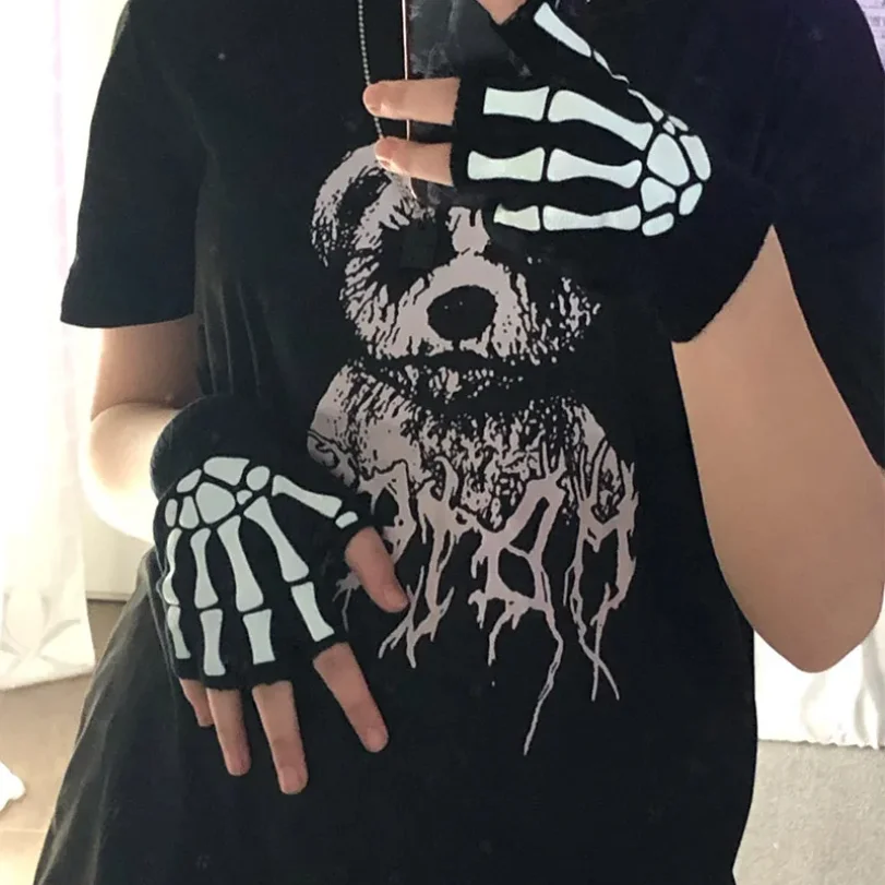 

New Punk Gloves Unisex Halloween Skeleton Skull Half Finger Gloves Glow In The Dark Fingerless Stretch Knitted Winter Mittens