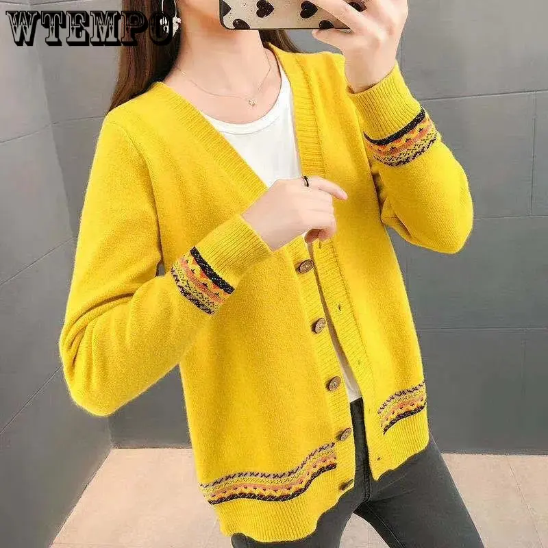 WTEMPO Spring Autumn Solid Color Women\'s Knitted Cardigan Long Sleeve Korean Loose V-Neck Button Sweaters Coat Female Clothing