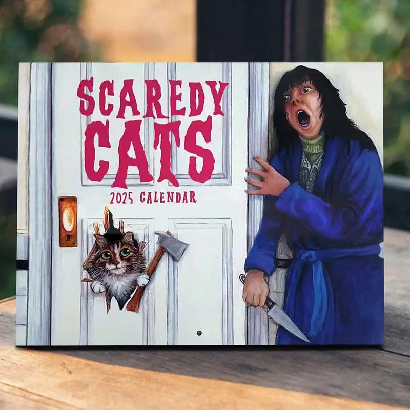 Scaredy catウォールカレンダー、毎月のプランナー、ハング可能なフリッピングキャッツ、デイリースケジューラー、2025