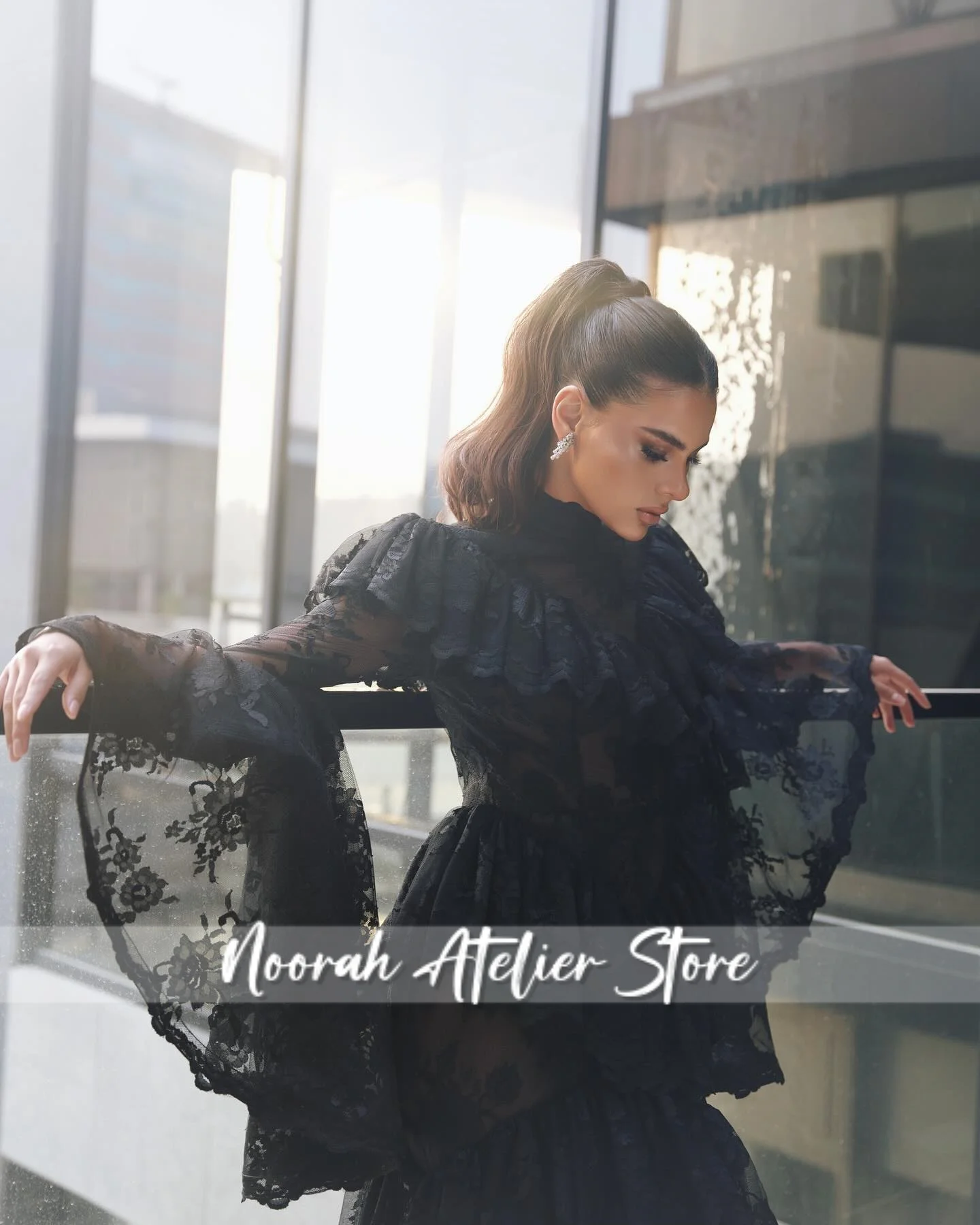 Chique preto renda mangas compridas alta n sereia babados vestido de noite feminino2025 sexy dubai ilusão vestido de festa personalizado