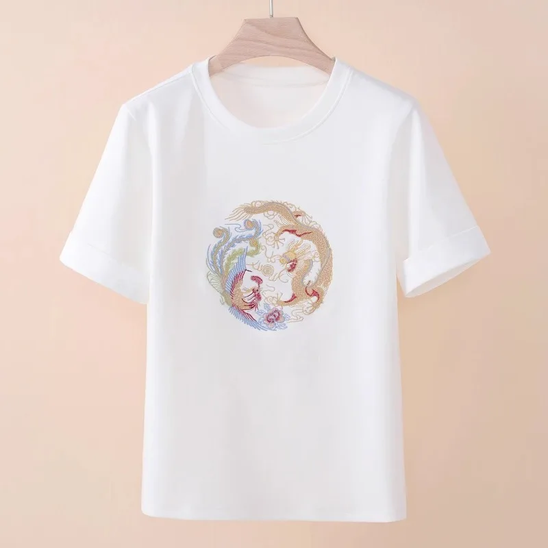 

Cotton Chinese Style Women's T-shirt Summer Embroidery Tees Short Sleeve Loose Women Tops Vintage O-necks Clothing 2024 Korean