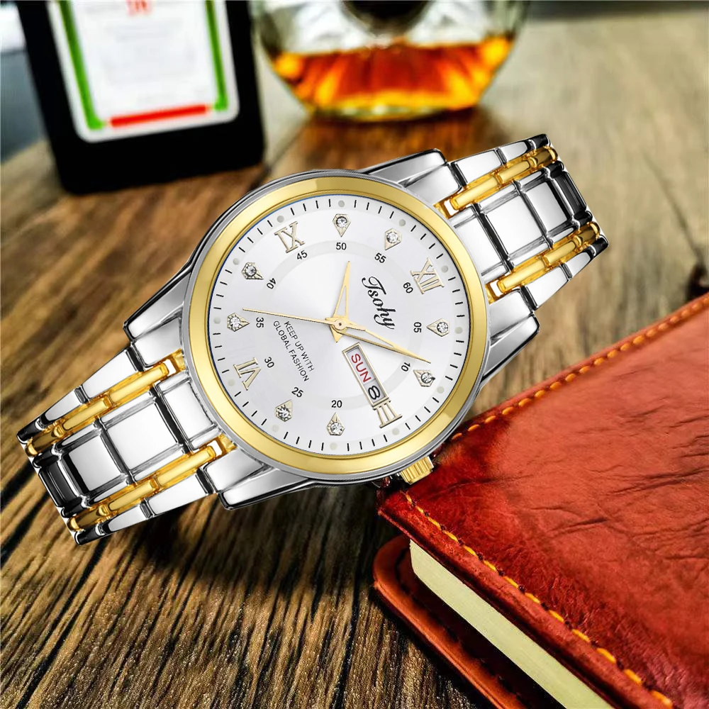 Klassieke alles-in-één knappe trend herenhorloge persoonlijkheid casual jeugd stalen riem duurzaam dubbel kalendernummer eenvoudige mannen