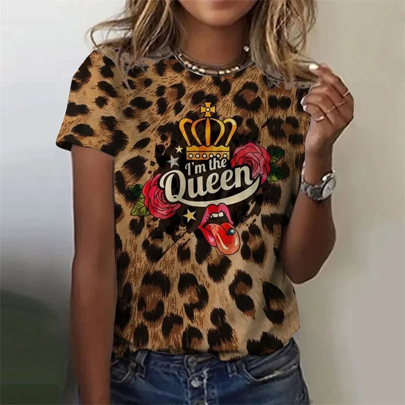 Hot Summer Casual Ladies Leopard Print Sexy Lips 3D Printed T-shirt Plus Size Loose Everyday Fashion Street Short-sleeved Top