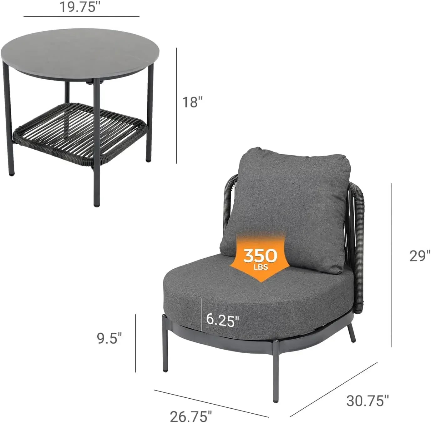 Outdoor 3-Piece Conversation Seating Set - Low Slung Comfort, Lightweight Aluminum Frame, Water-Resistant 6.25