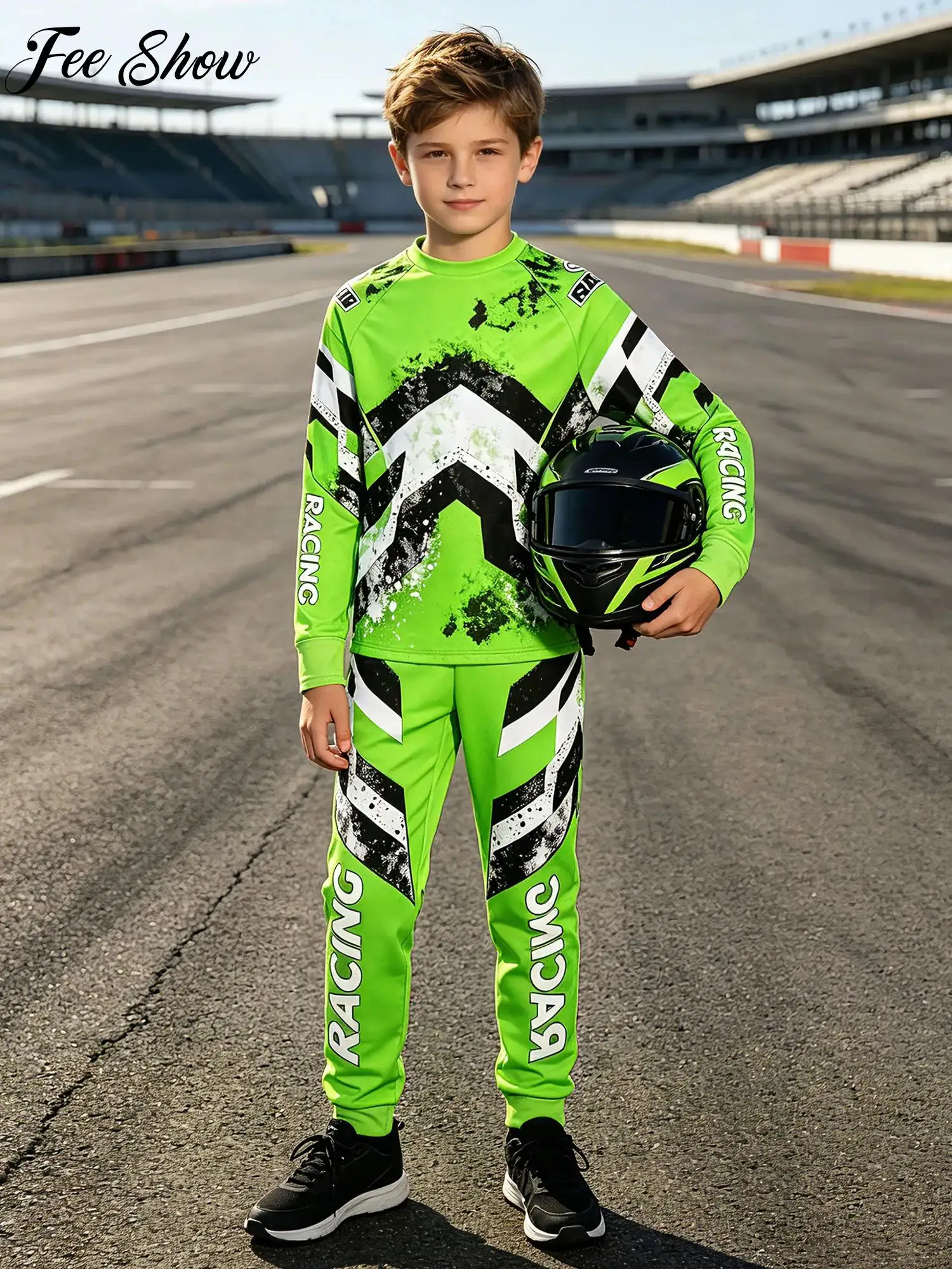 Boys Lightweight Adventure Motorcycle Jersey Pants Set Letter Print Color Block Long Sleeve Elastic Waistband Biking Off Road