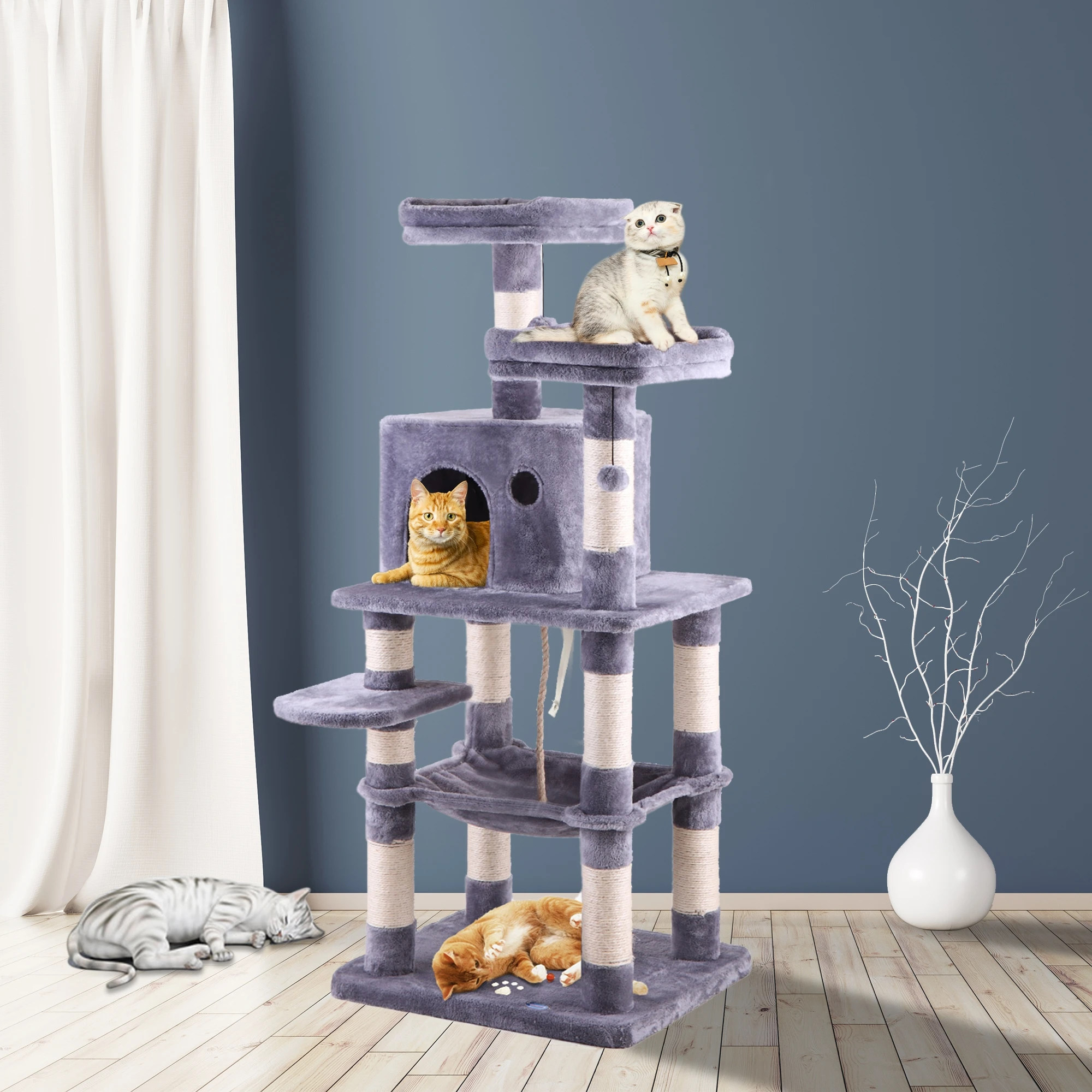 Multi-Level Cat Condo with Hammock & Scratching Posts for Kittens Tall Cat Climbing Stand with Plush Toys - light gray