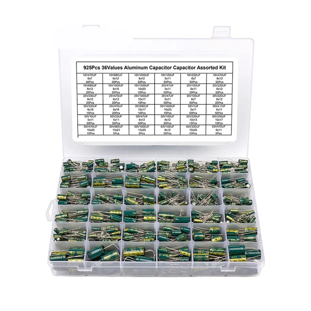 925pcs Metal Durable Electrolytic Capacitor Assortment - 36Values Aluminum ESR Low Capacitor Kit Large Capacity