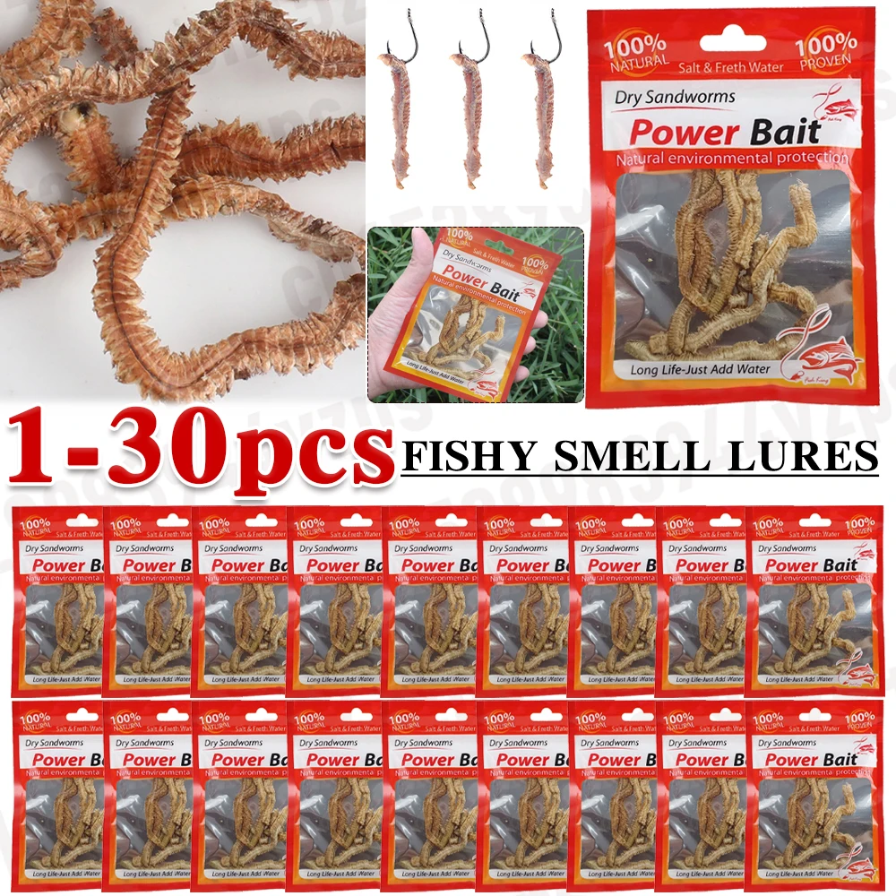 30-1Pcs Artificial Sea Worms Fishing Bait Lifelike Dry Lugworm Sandworms Saltwater Freshwater Soft Smell Fishing Lures Bait