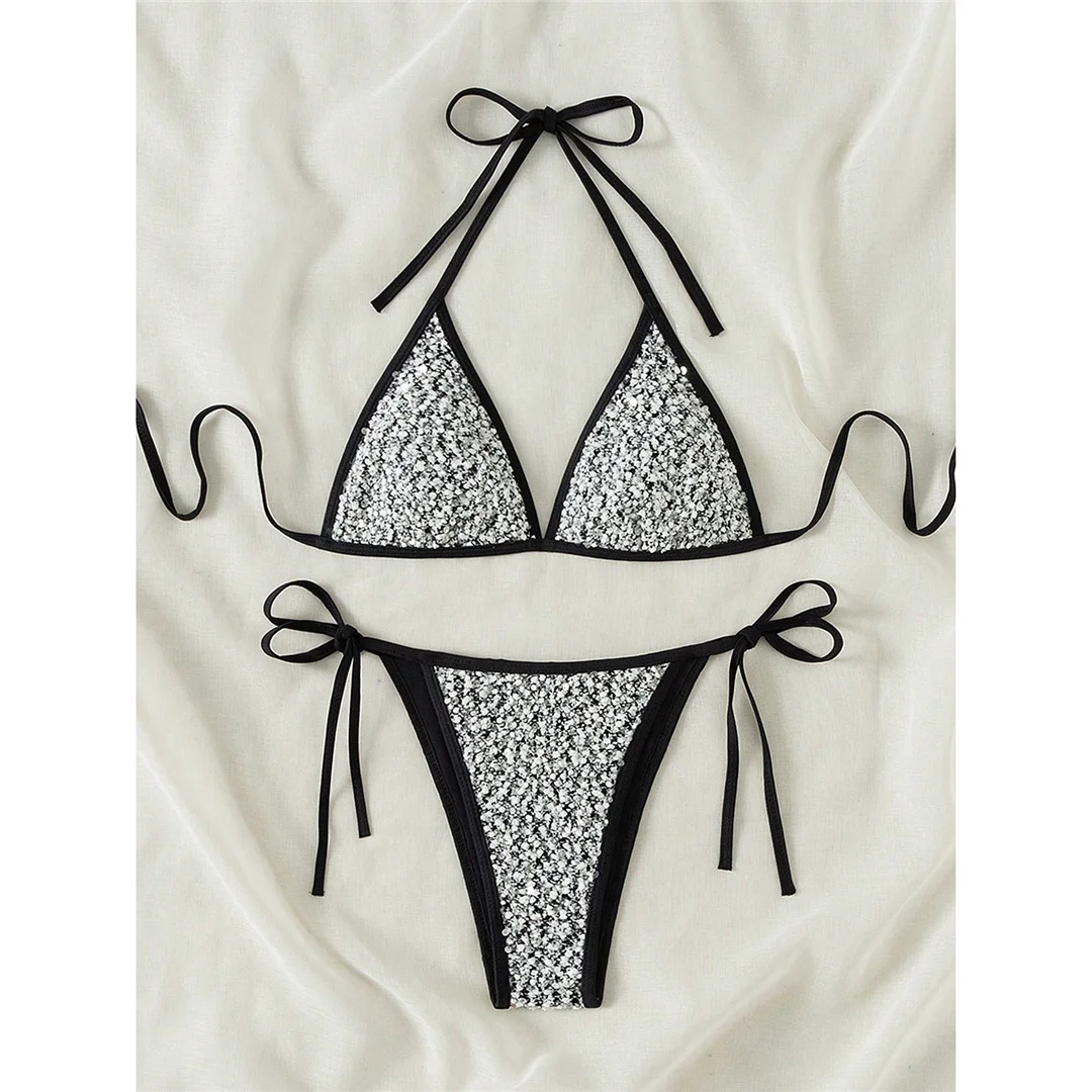 S - XL Glänzender, funkelnder Neckholder-Bikini, Damen-Badebekleidung, zweiteiliger Bikini-Set, Badeanzug mit Trägern, Badeanzug, Schwimmbekleidung V7523 – Detail 7