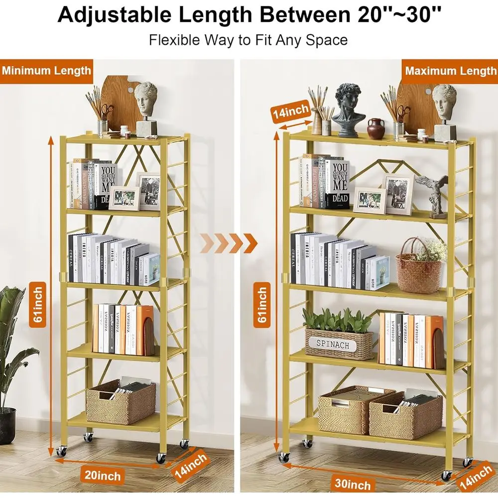 ชั้นวางของโลหะแบบพับได้ 5 ชั้น ขยายได้ พร้อมล้อ สำหรับจัดเก็บของในห้องครัว ห้องเก็บของ และโรงรถ สีทอง