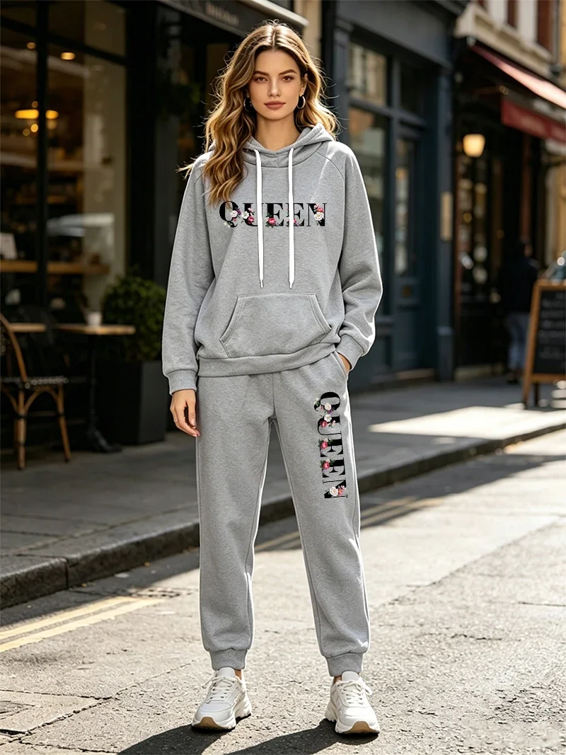 Queen Printing Womens Tracksuit 2 Pcs Sets Casual Hooded Sweatshirt Outfits Outdoor Sports Clothes AutumnWinter Woman Pants Suit