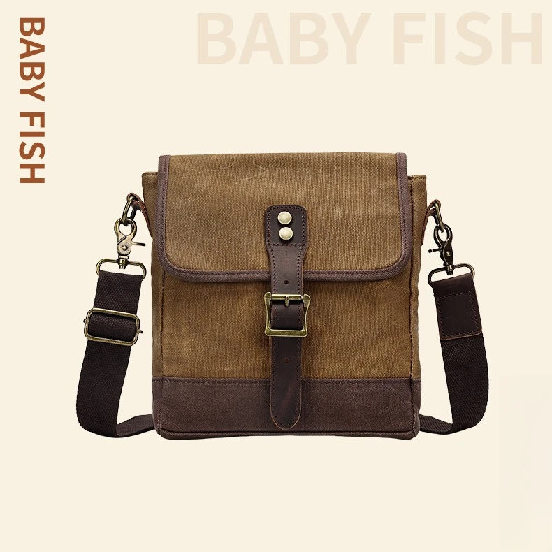 

Leather oil wax canvas patchwork men's crossbody bag, retro waterproof flip cover lock, rest and travel single-shoulder bag