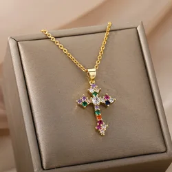 Fashion Zircon Cross Pendant Necklace For Women Man Gold Color Stainless Steel Clavicle Chain Necklaces Trend Couple Jewelry