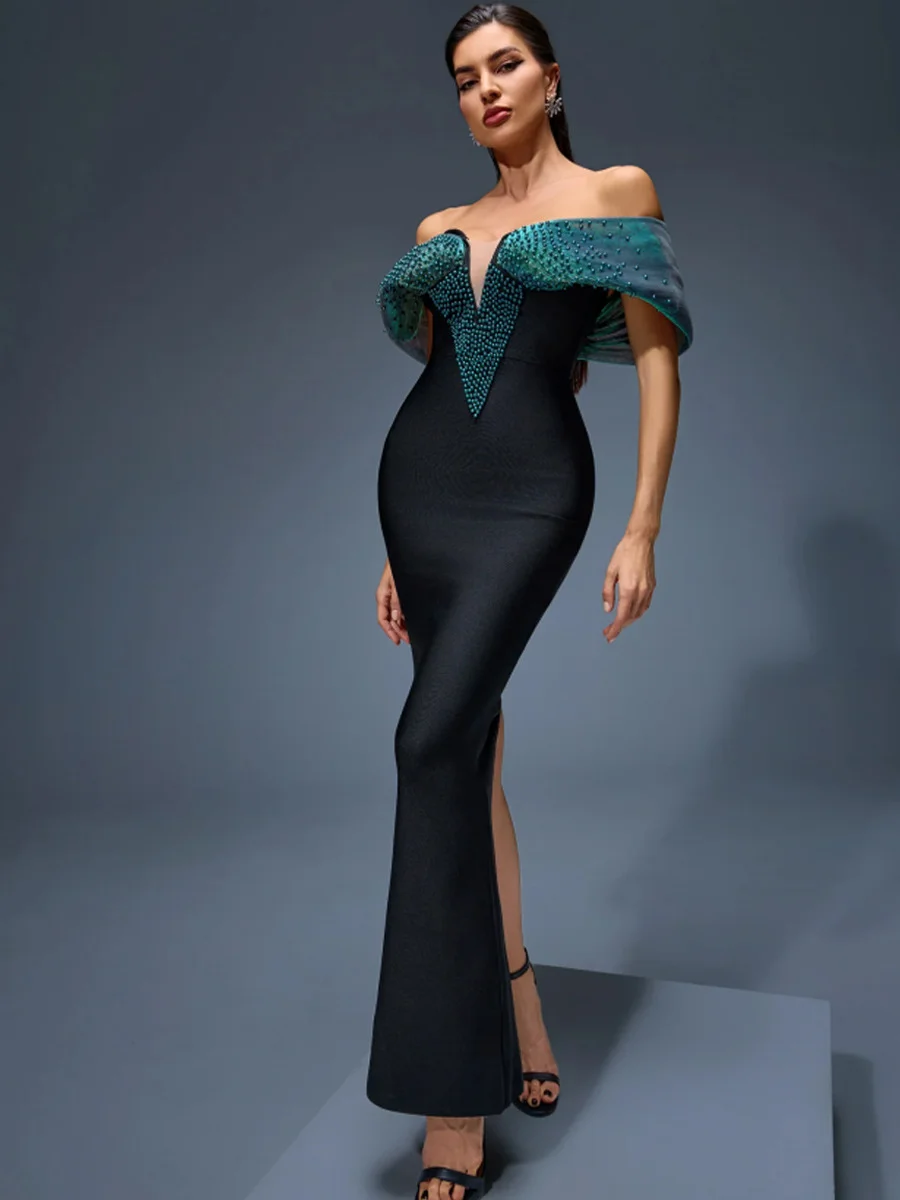 Elegante pérola detalhe cintura alta faixa vestido 2025 na moda envoltório longo vestido de noite para mulher emagrecimento estilo elegante