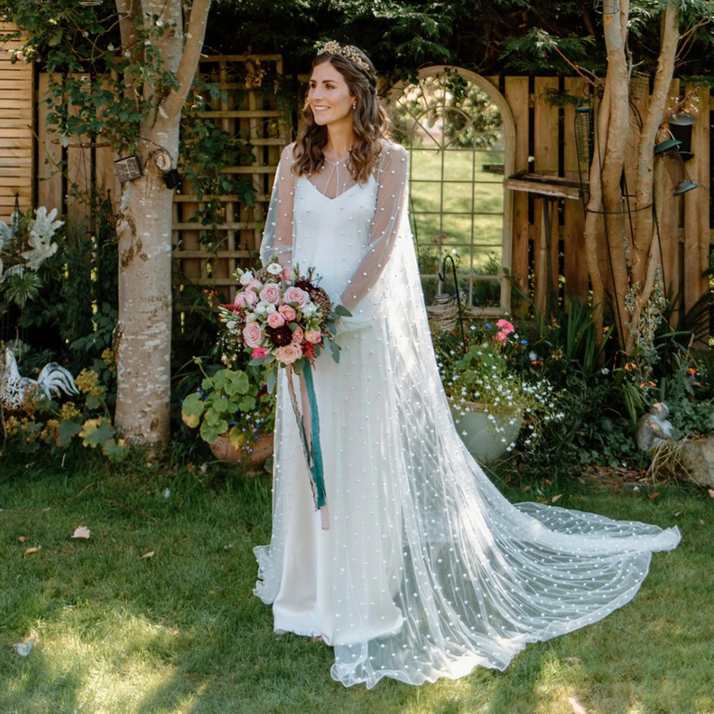 

Romantic Tulle Bridal Cape With Pearls Long Sleeves Wedding Cape Not Include Dress Sheer Cover Up With Train For Brides