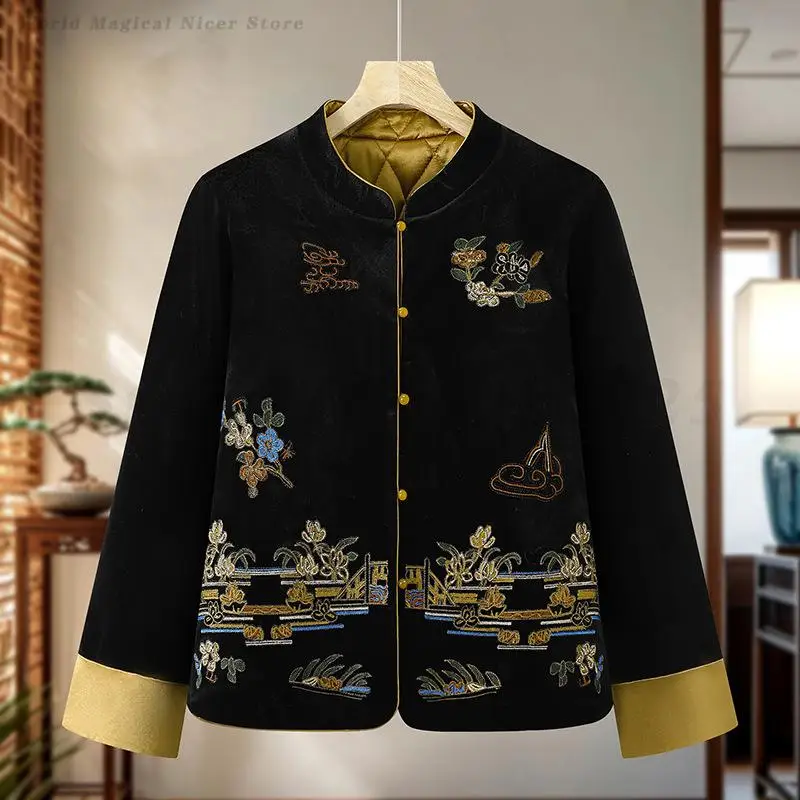 المرأة المخملية سترة النمط الصيني الرجعية الخريف الشتاء معطف دافئ تانغ زي أعلى أنيقة طويلة الأكمام التطريز ملابس خارجية