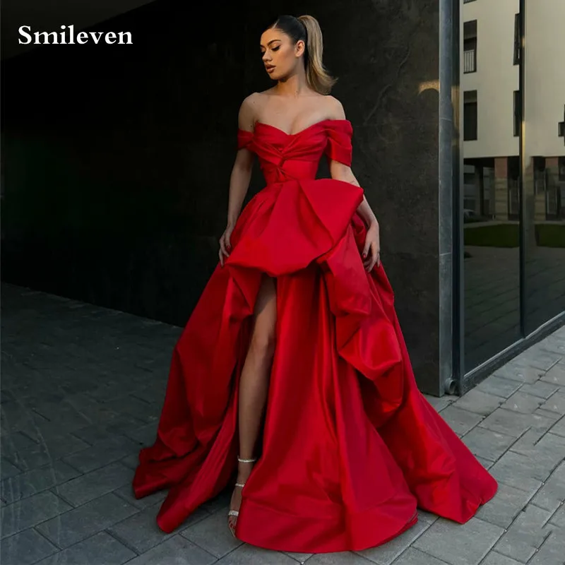 

Smileven Red Romantic Evening Dresses A Line Pleats Prom Dress Tiered Side Split Saudi Arabia Straps Party Dress 2023