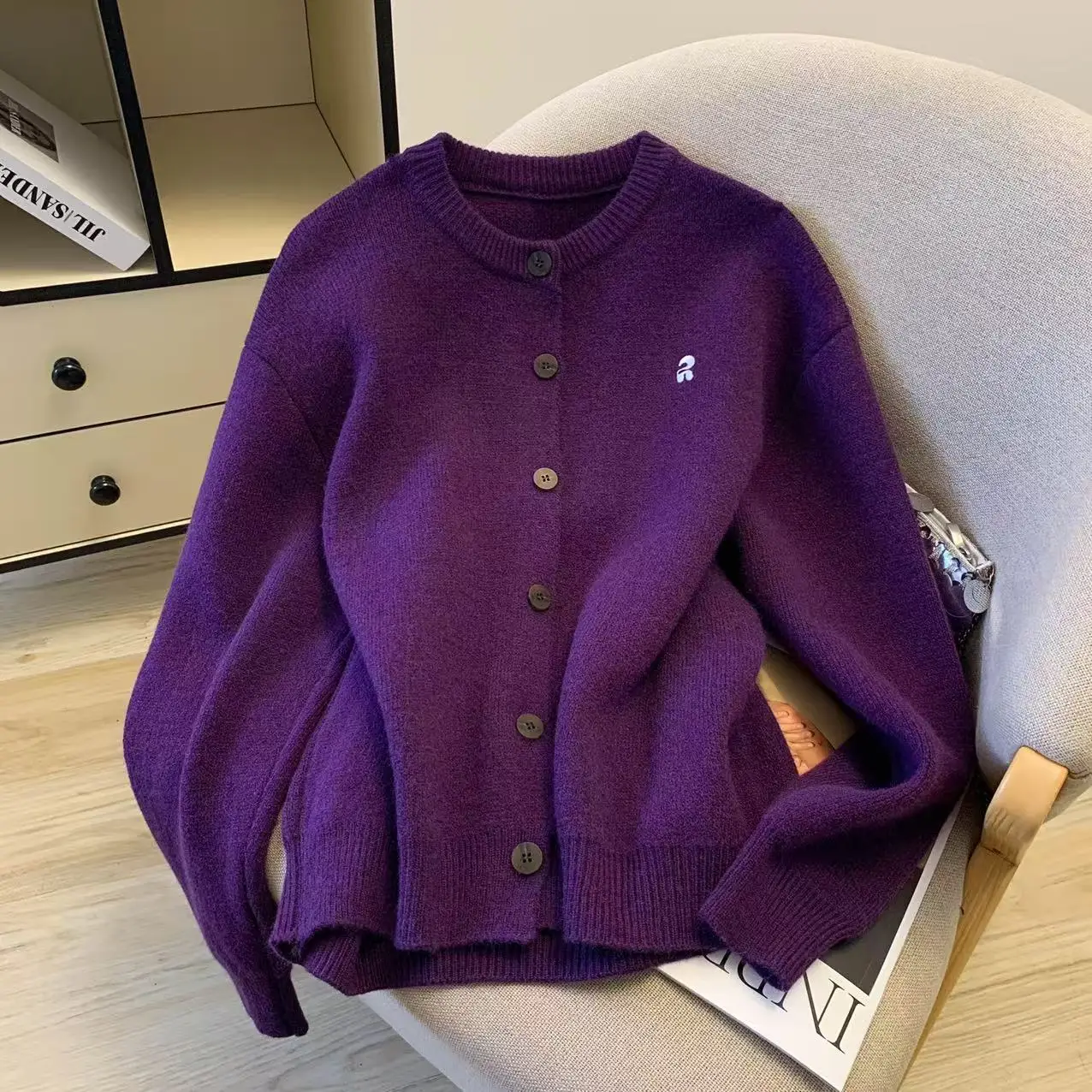 سترة نسائية أرجوانية Y2k عتيقة 2000s سترة تريكو بأكمام طويلة سترة كورية ملابس خارجية لخريف وشتاء 2025 #1