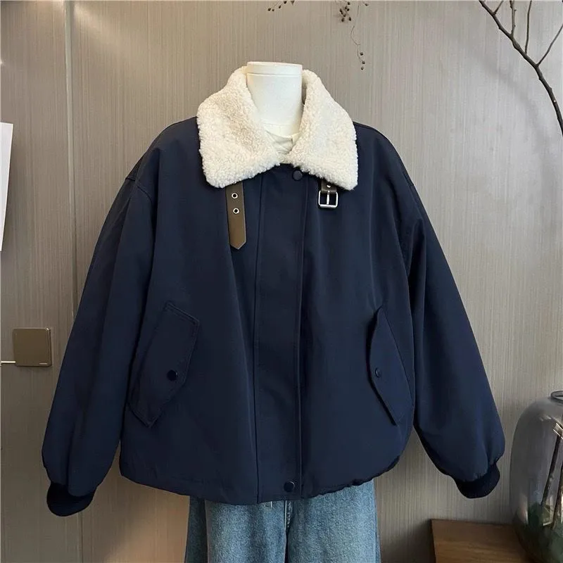Women's 2026 Stand Collar Lamb Spliced Short Jacket Autumn Winter New Loose Plush Thicken Coat Female Warm Parka Casual Top