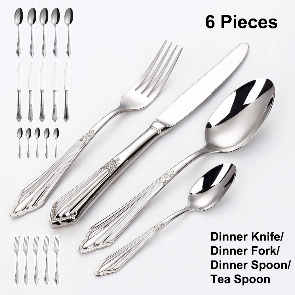 Luxury Cutlery Set Stainless Steel Western Tableware Sliver Dinner Set 6Pcs Gold Plated Knife Spoon Fork Utensils For Kitchen