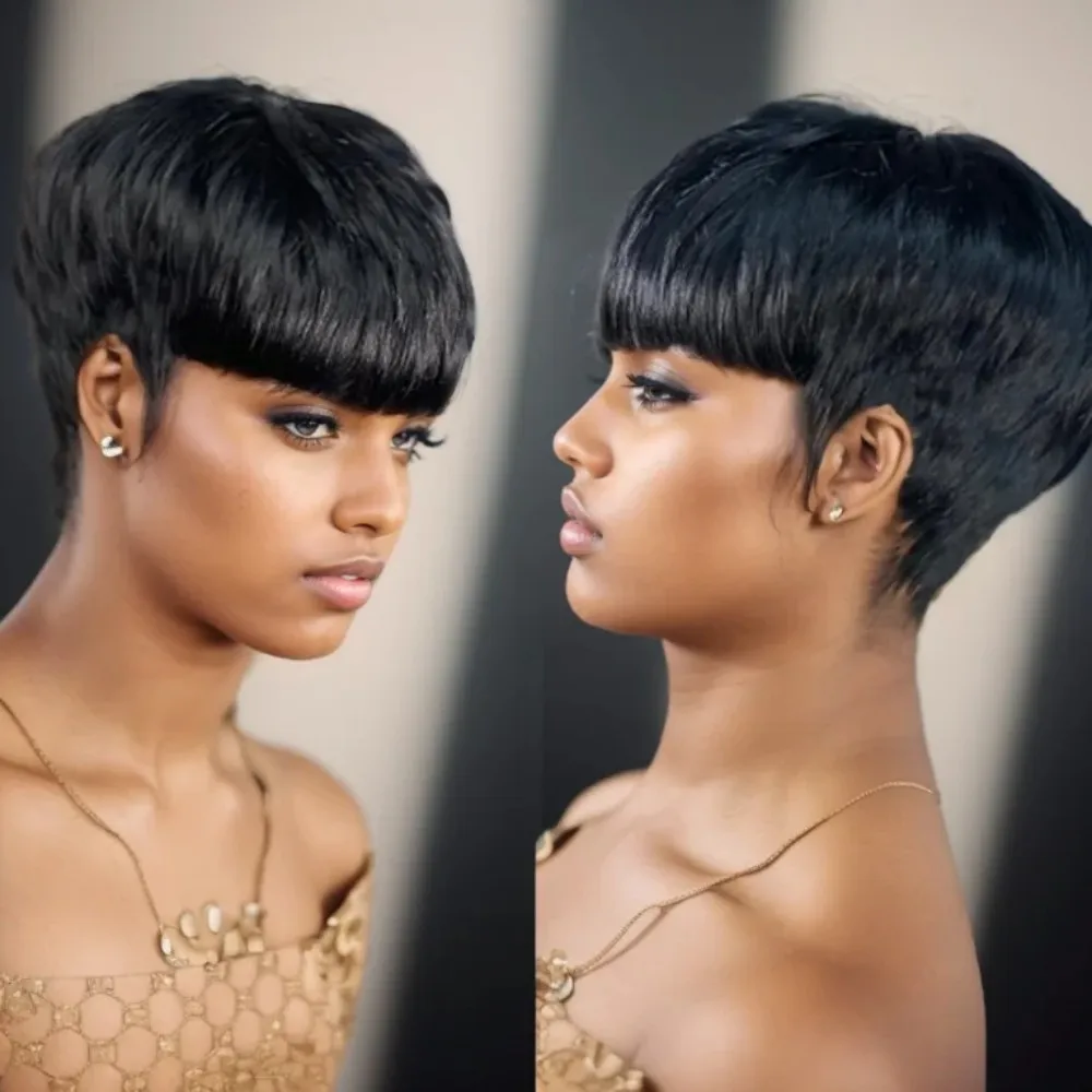 여성용 짧은 가발 부드러운 인모 레이어드 가발 앞머리 포함 풀 머신 메이드 가발