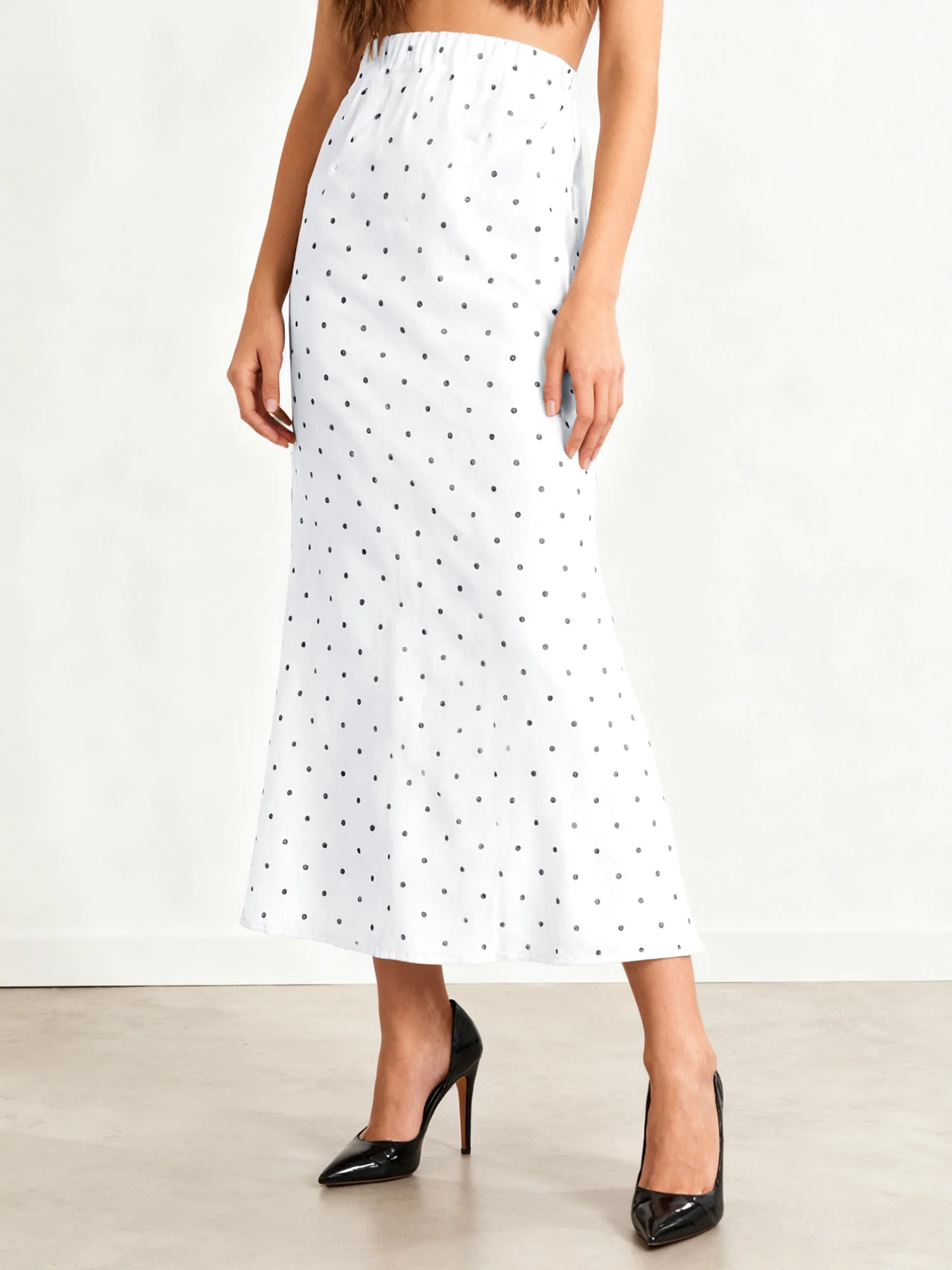 Saias femininas vintage bolinhas 2025 nova primavera comprimento médio cetim sereia saias para mulheres verão cintura alta saias casuais