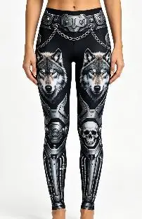 Women Mid‑Rise Fleece Lined Leggings, Metallic Armor Wolf Skull Chain Gothic Print Slim Stretch Pants - view 4