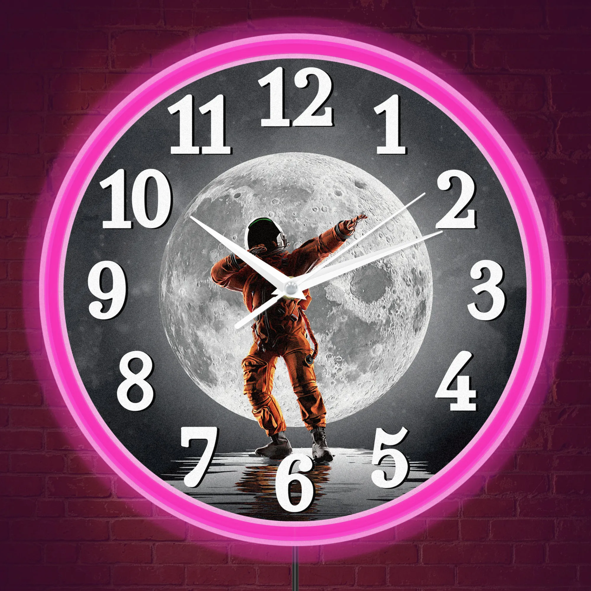 Dabbing Astronaut Full Moon Wall Clock with Neon Rim Light for Man Cave Living Room Dancing Spaceman LED Night Light Wall Clock