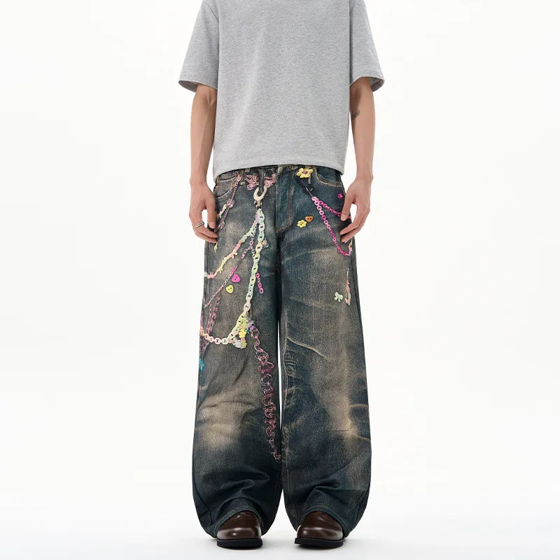 

Американские ретро джинсы с 3D цифровым принтом и цепочкой, мужские свободные широкие брюки, весна-лето, дизайнерские прямые джинсы-трубы