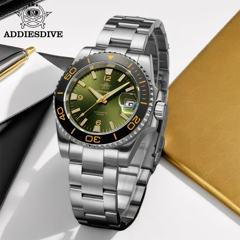 Addiesdive رجل التلقائي الميكانيكية الغوص ساعة مقاوم للماء 200 متر الياقوت سوبر مضيئة ساعة اليد السيراميك الحافة الصلب الساعات