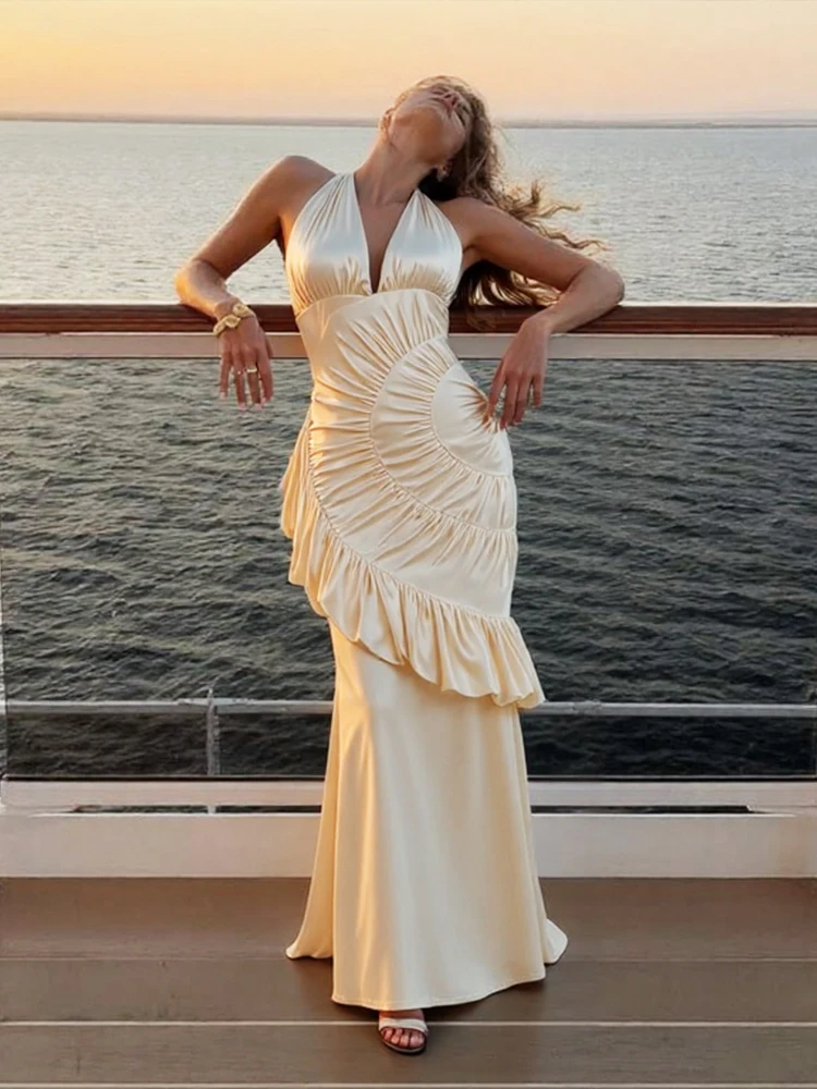 SiSterlinda Elegante abito senza schienale in raso da donnaClassic Halter con scollo a V increspato senza maniche Chic Fashion Birthday Party Club Abiti