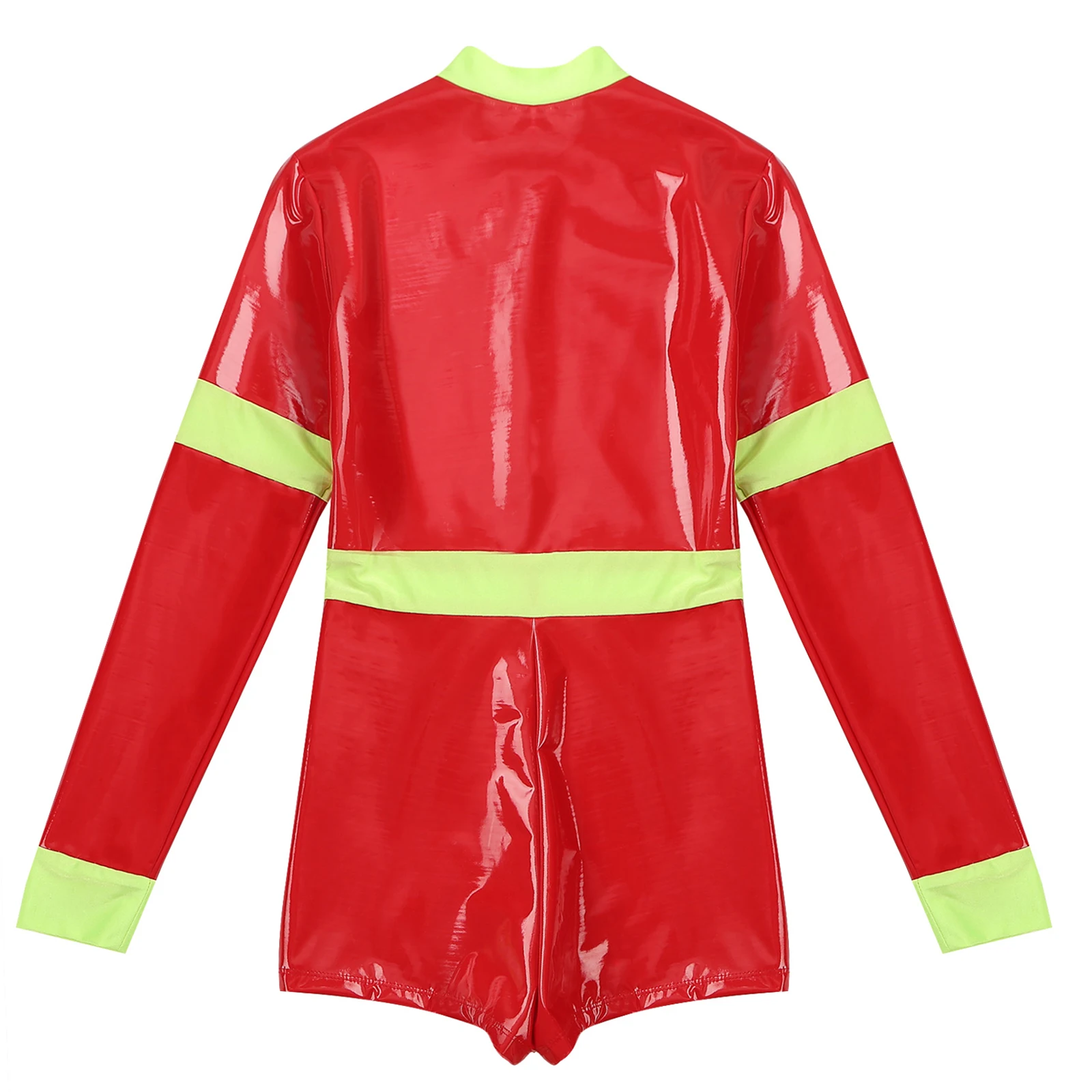 Mens Sexy Firefighter Uniform Sam Firemen Cosplay Costume Long Sleeve Patent Leather Front Zipper Boyshorts Bodysuit Jumpsuit