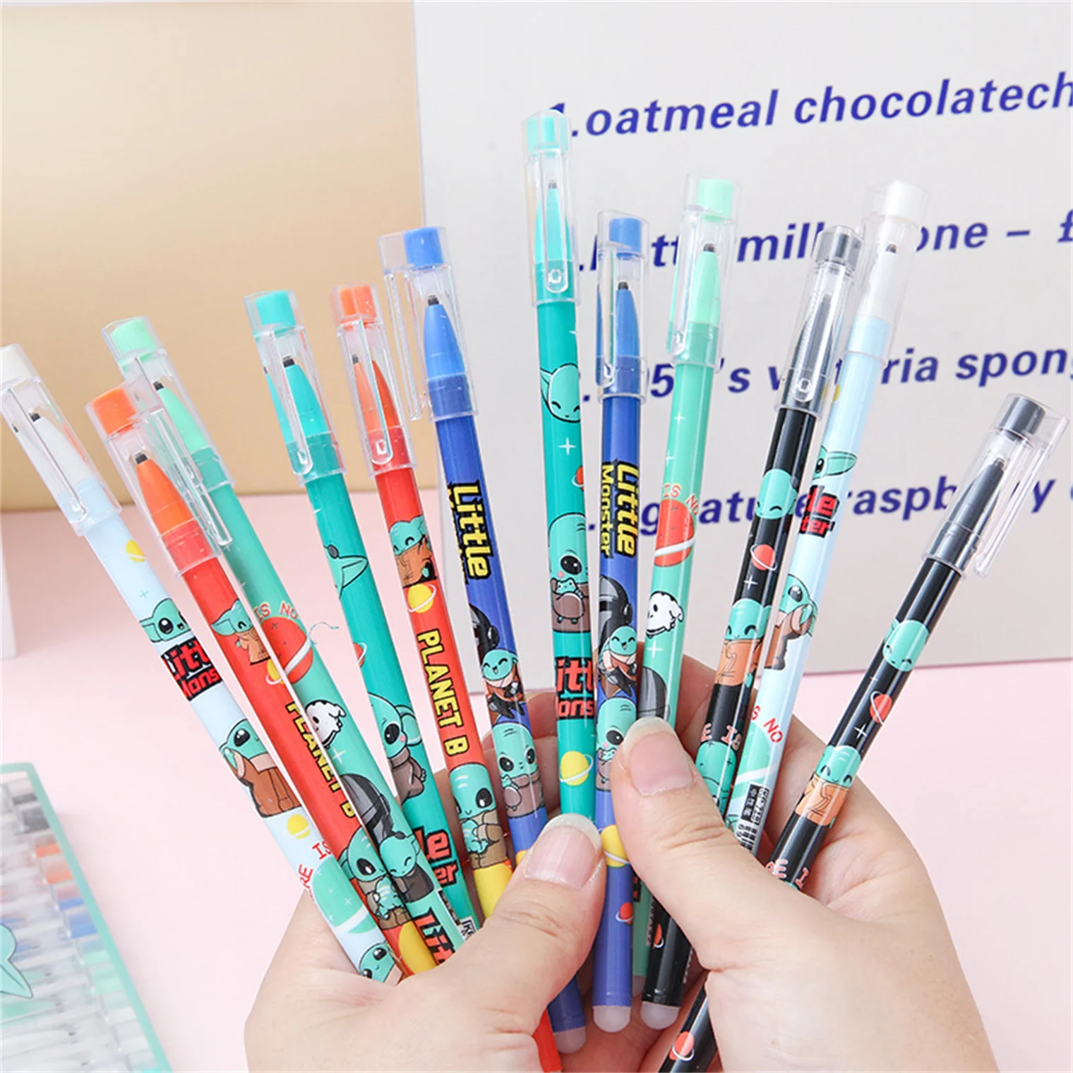 

6/12 Planet B Little Monster Cartoon Cute Erasable Rollerball Pen Gel Pen Blue Black Ink Learning Supplies Office Stationery