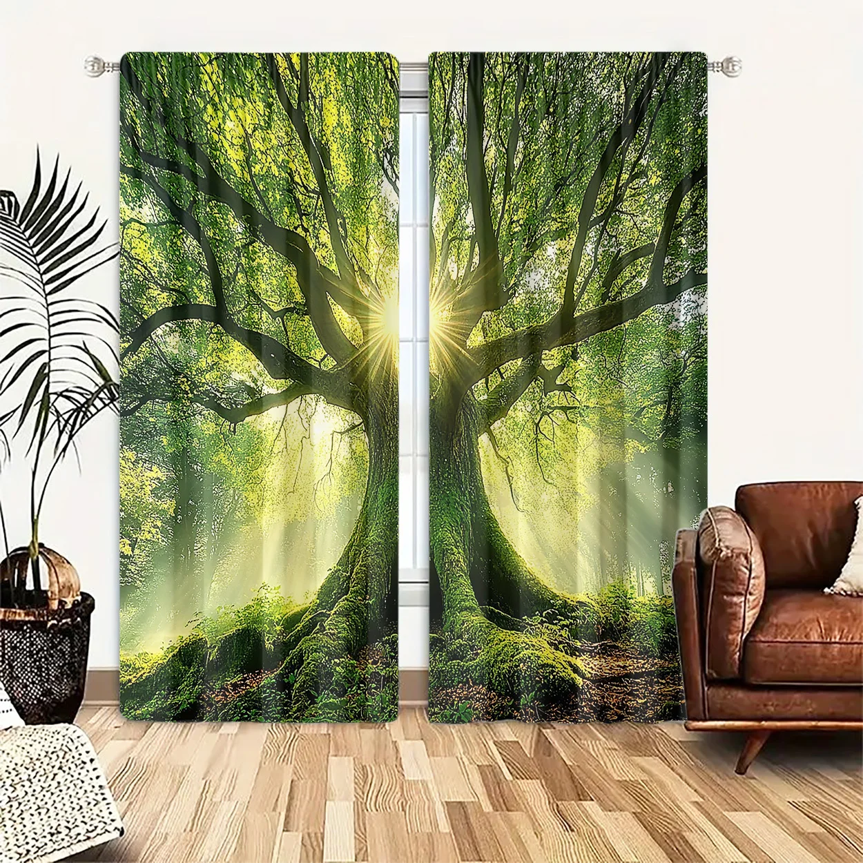 Green Forest Tree Curtain, Sunlight & Mossy Woods Print Drape, Nature Scenery Window Treatment for Living Room Bedroom Home